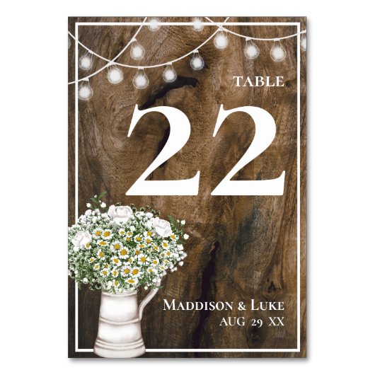 Numéro De Table Fleurs blanches en bois rustique Chaîne de lumière (Par défaut)