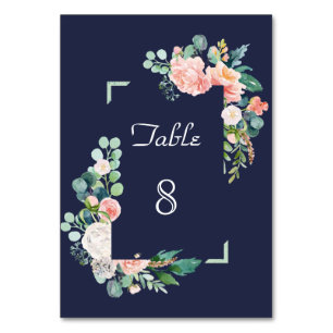 Numéro De Table Fleurs blanches roses aquarelle Cadre vert Mariage