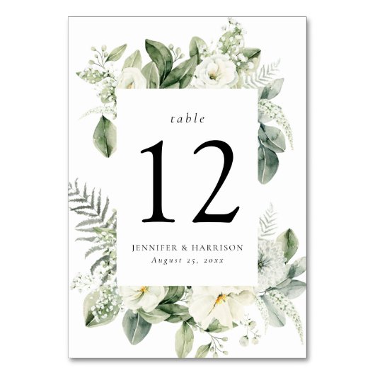 Numéro De Table Fleurs blanches vertes et Mariage de cadre verdoya (Par défaut)