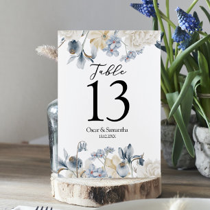 Numéro De Table Fleurs Bleues Et Blancs D'Hiver Élégantes