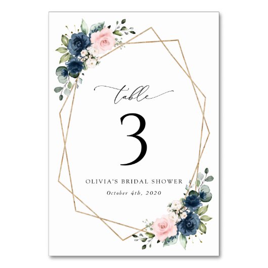 Numéro De Table Fleurs Bleues Marine, Fleurs Roses, Numéros De Tab (Dos)