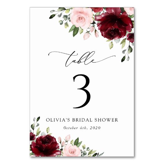 Numéro De Table Fleurs Bourgognes, Fleurs Roses, Numéros De Tablea (Dos)