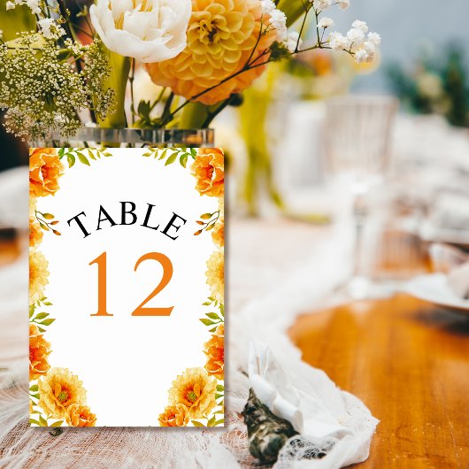 Numéro De Table Fleurs d'aquarelle orange et mariage feuille