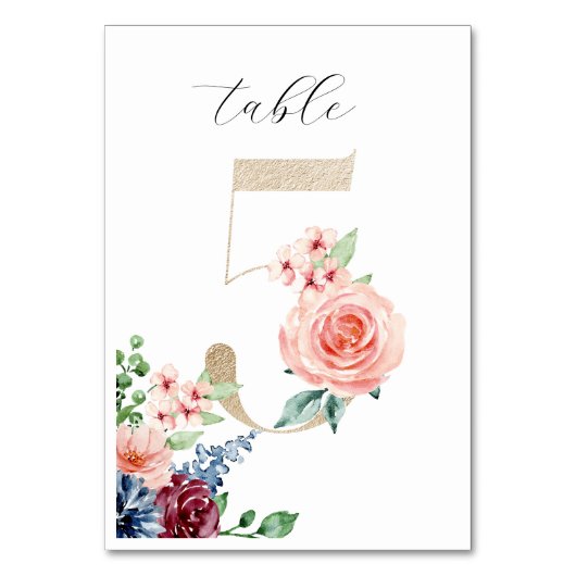 Numéro De Table Fleurs de aquarelle élégantes Faux or Mariage 5 (Par défaut)