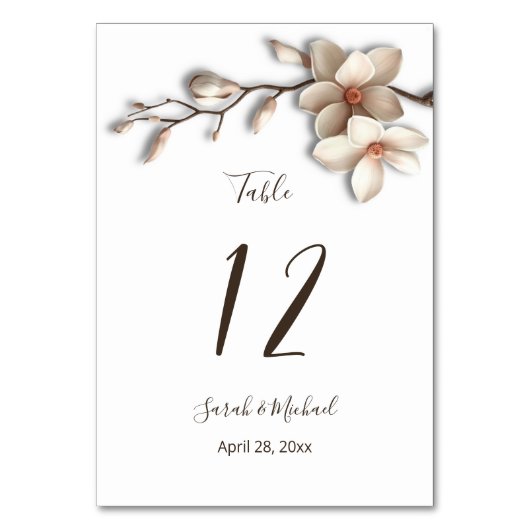 Numéro De Table Fleurs de Magnolia 3D Mariage Blanc   (Par défaut)