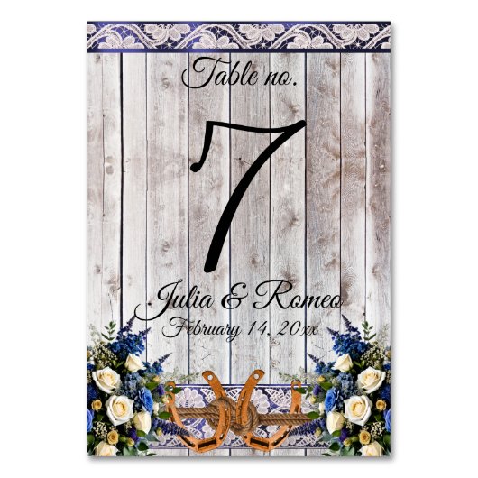 Numéro De Table Fleurs, Dentelles et fer à cheval, Ruban bleu (Dos)