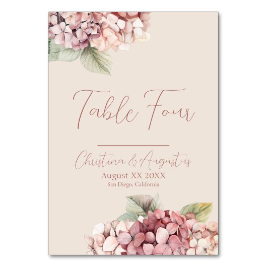 Numéro De Table Fleurs d'hydrangea roses et blush romantiques (Par défaut)