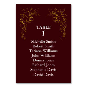 Numéro De Table Fleurs d'or de luxe Mariage Royal Burgundy profond