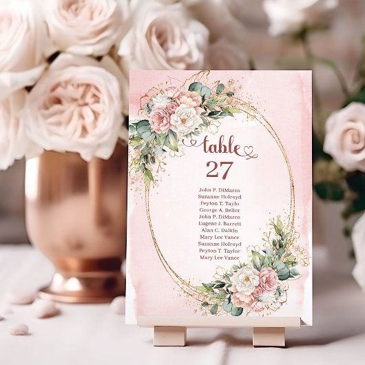 Numéro de table Fleurs Eucalyptus Or Rose Boho