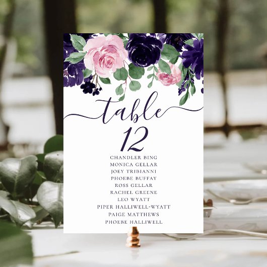 Numéro De Table Fleurs luxuriantes | Nom de l'invité Purple et PIn