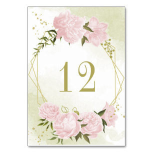Numéro De Table Fleurs romantiques roses verdure or géométrique
