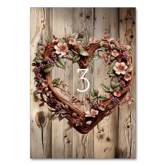 Numéro De Table Fleurs roses en bois rustique Twig Heart Wreath (Dos)