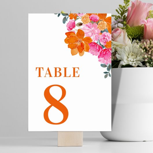 Numéro De Table Fleurs roses et orange Table 8 Mariage d'été