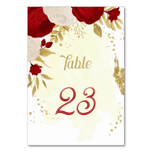 Numéro De Table fleurs rouges et blanches or mariage (Dos)