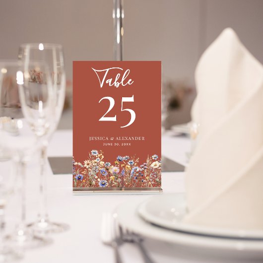 Numéro De Table Fleurs sauvages en terre cuite Élégant Mariage de 