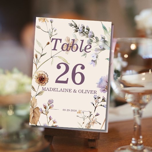 Numéro De Table Fleurs sauvages Mariage Moderne Écriture Élégante
