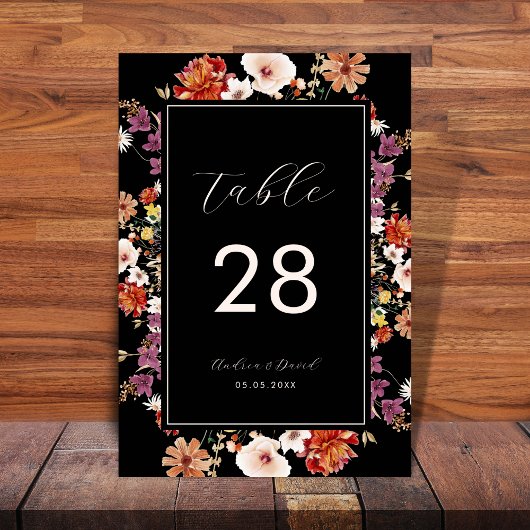 Numéro De Table Fleurs sauvages noires Floral Botanique Bohème Mar