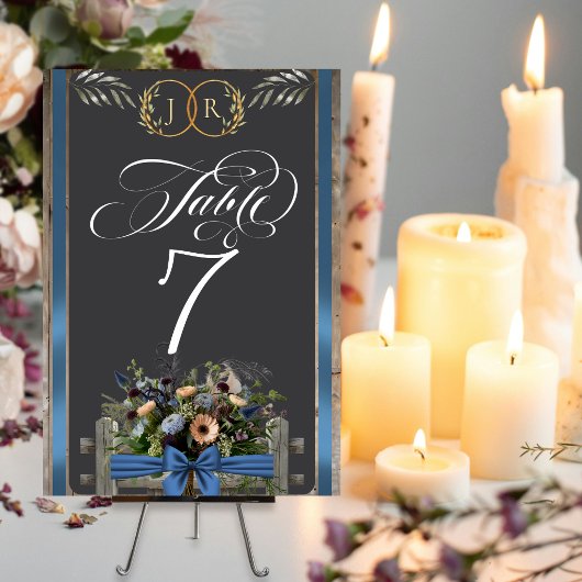 Numéro De Table Fleurs sauvages, ruban et monogramme - Bleu
