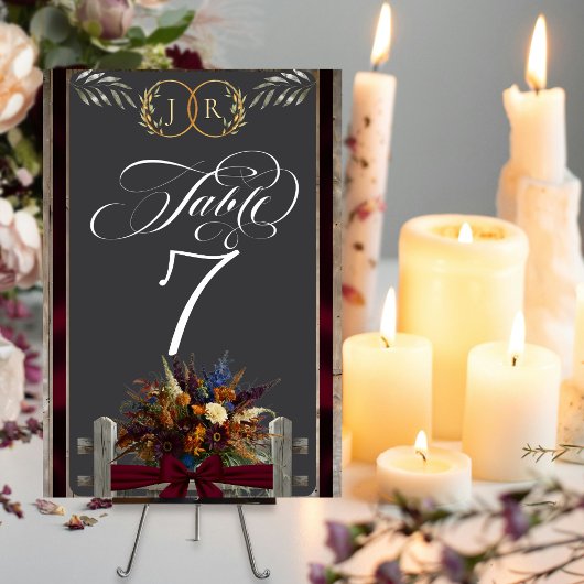 Numéro De Table Fleurs sauvages, ruban et monogramme - Bourgogne