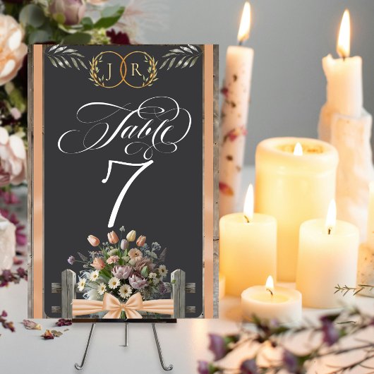 Numéro De Table Fleurs sauvages, ruban et monogramme - pêche