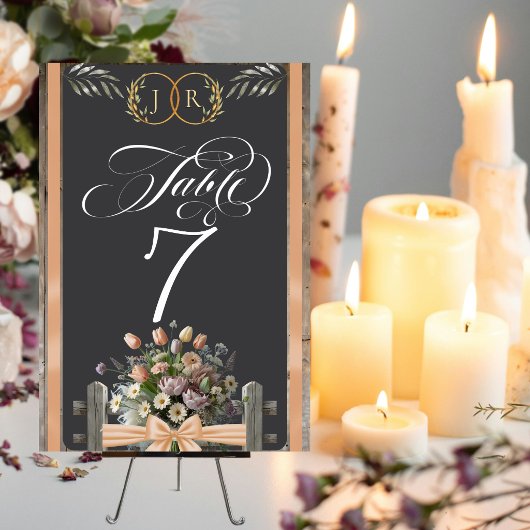 Numéro De Table Fleurs sauvages, ruban et monogramme - pêche