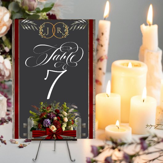 Numéro De Table Fleurs sauvages, ruban et monogramme - Rouge