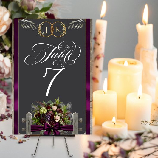 Numéro De Table Fleurs sauvages, Ruban & Monogramme - Prune