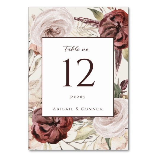 Numéro De Table Floral à la crème Rustique Boho Marsala (Par défaut)
