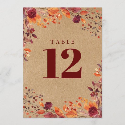 Numéro de table floral aquarelle automne rustique (Devant)