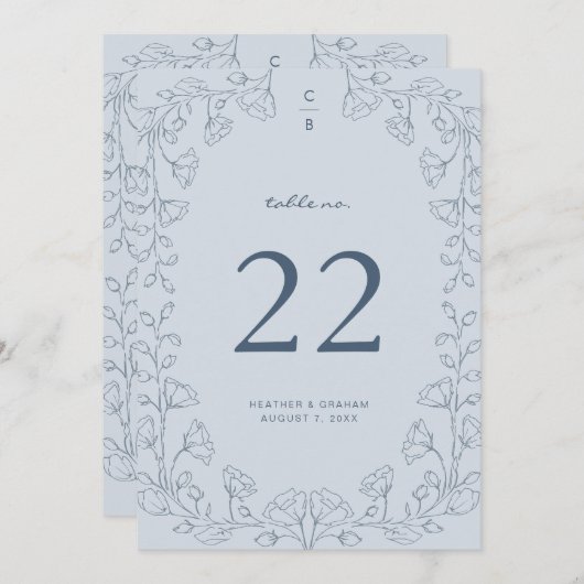 Numéro de table Floral Blue Mariage (Devant / Derrière)