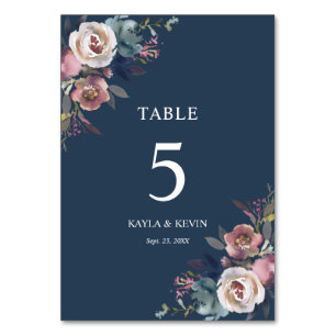 Numéro De Table Floral Dusty Rose Mauve Navy Mariage bleu