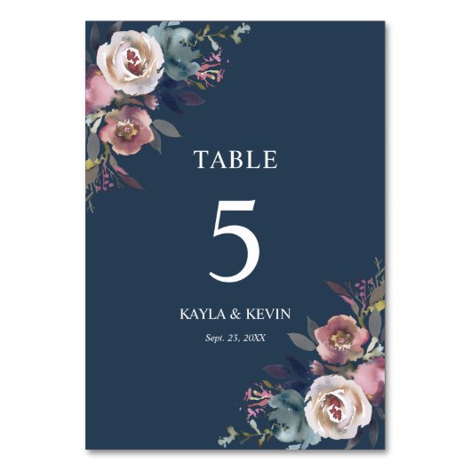 Numéro De Table Floral Dusty Rose Mauve Navy Mariage bleu (Dos)
