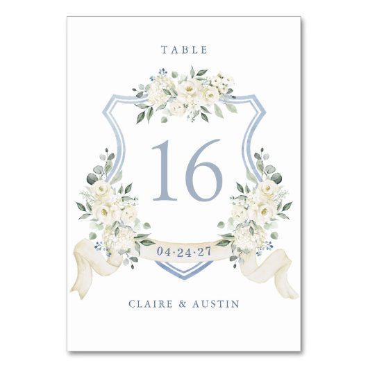 Numéro De Table Floral Elegant Dusty Blue White Crest Table Number (Dos)