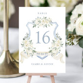 Numéro De Table Floral Elegant Dusty Blue White Crest Table Number