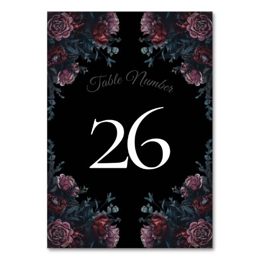 Numéro De Table Floral foncé Mariage gothique noir élégant (Dos)