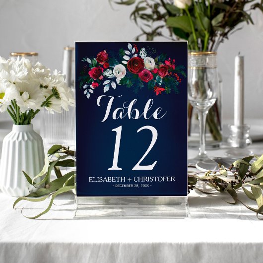 Numéro De Table Floral hiver marine bordeaux invité mariage