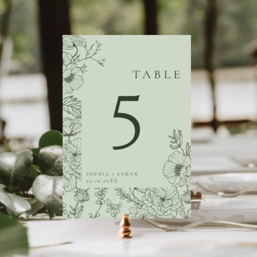 Numéro De Table Floral Line Art Sage Green Mariage