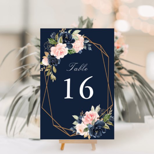 Numéro De Table Floral Marine & bleu aquarelle mariage géométrique
