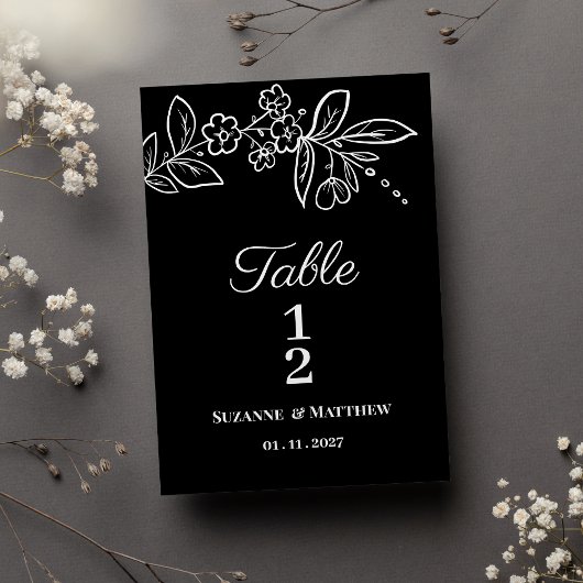 Numéro de table floral noir et blanc élégant simpl