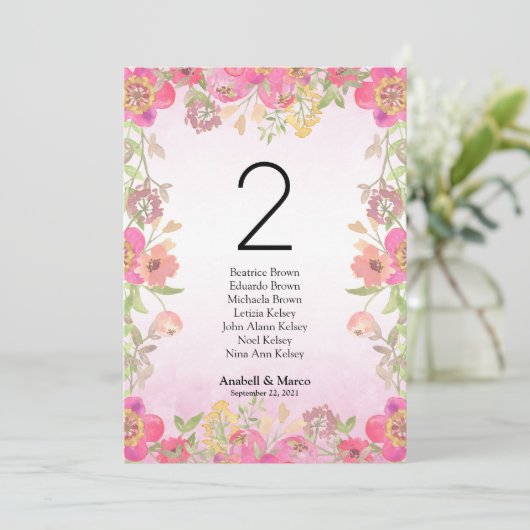 Numéro de table floral rose aquarelle 13x18 cm (Debout devant)