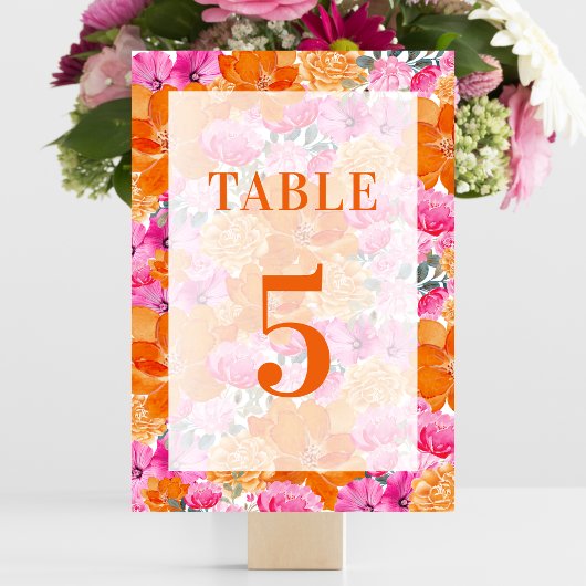 Numéro De Table Floral rose pâle orange Tableau 5 Mariage