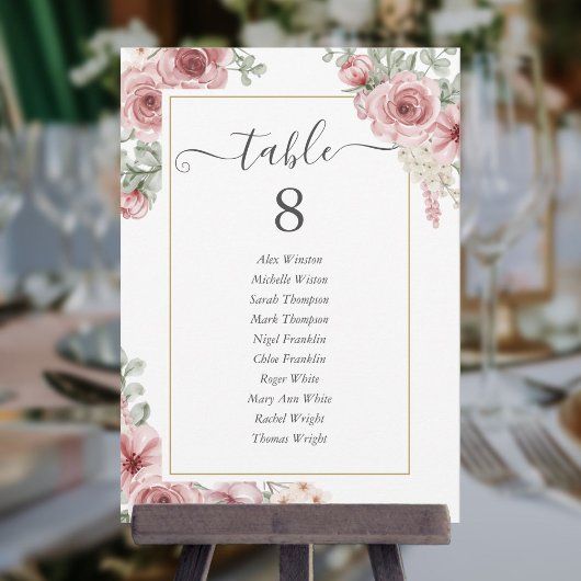 Numéro de table floral rose poussiéreux élégant