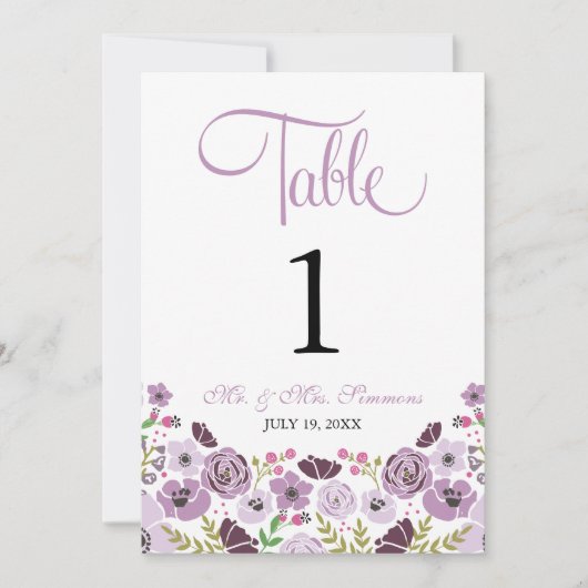 Numéro de table floral | Violet (Devant)