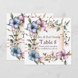 Numéro de table floral violet et bleu Merci
