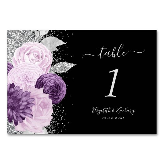 Numéro De Table Floral violet Mariage de Parties scintillant en ar (Devant)