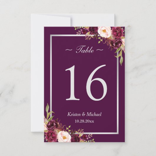 Numéro de table floral violet prune rustique gris  (Devant)