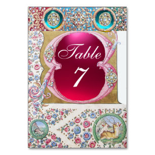 NUMÉRO DE TABLE FLORALE ROSE BLEUE ANTIQUE, PIERRES DE FUCHSIA, PI