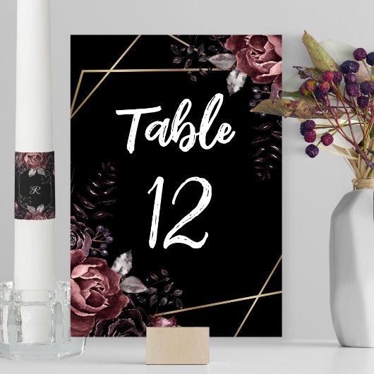 Numéro De Table Florales noires gothiques foncées Mariage géométri