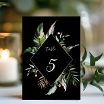 Numéro De Table Foliage tropical sauvage Mariage noir<br><div class="desc">Cette carte de numéro de table mariage présente des feuilles de palmiers aquarelles,  des feuilles de bananes,  des feuilles tropicaux exotiques et des feuilles en faux or avec un cadre en faux diamant d'or. Il est parfait pour un mariage tropical,  plage,  été ou destination.</div>