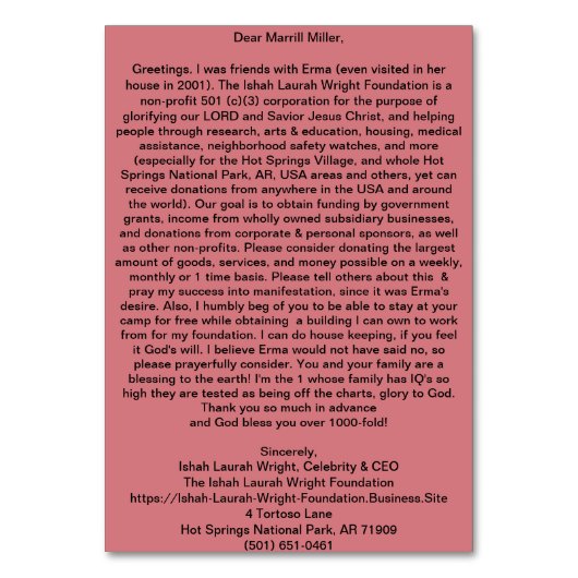 Numéro De Table Fondation Ishah Laurah Wright (Dos)